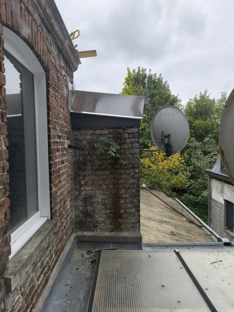 Relevés en zinc naturel le long du mur